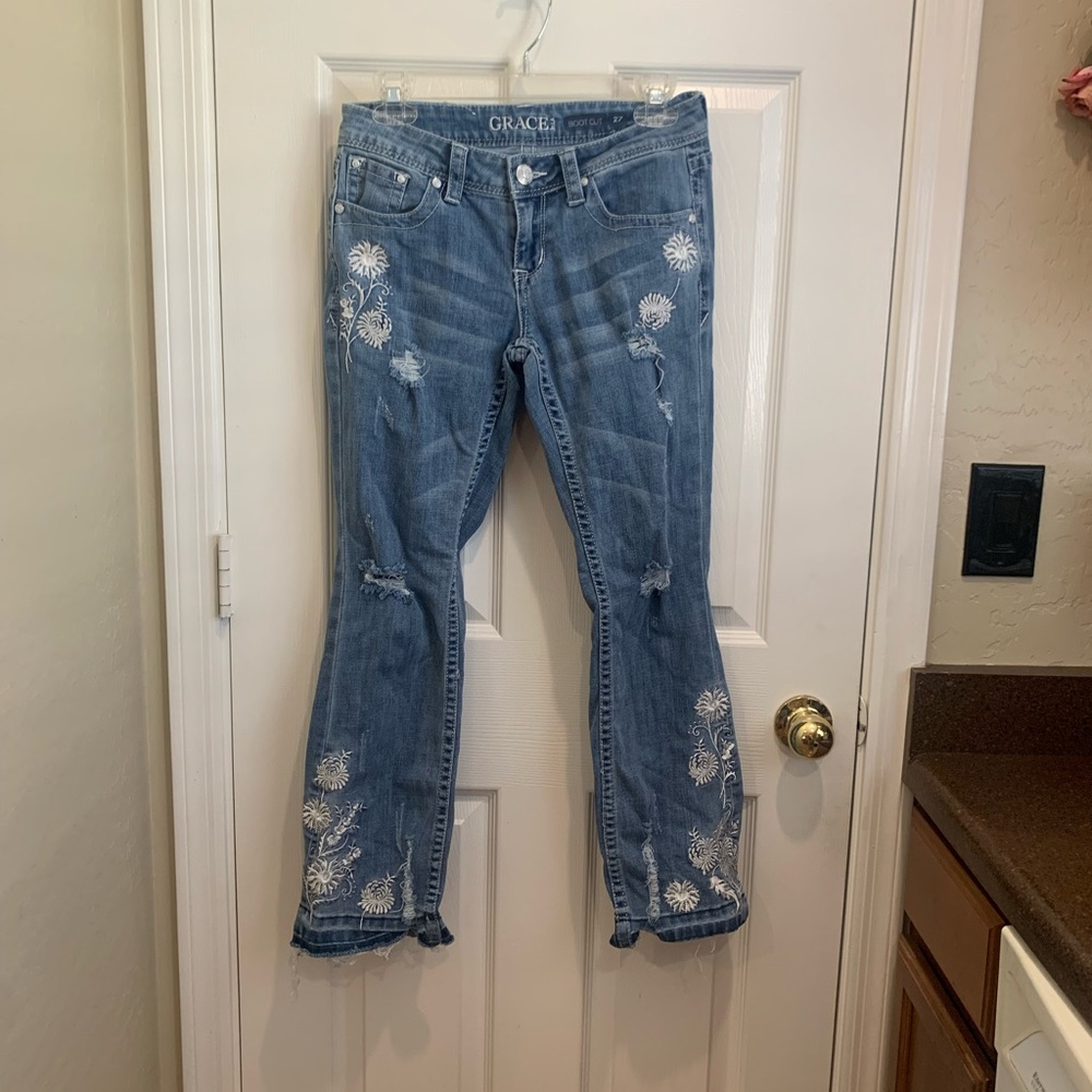 Grace In LA Blue Embroidered Women's Jeans